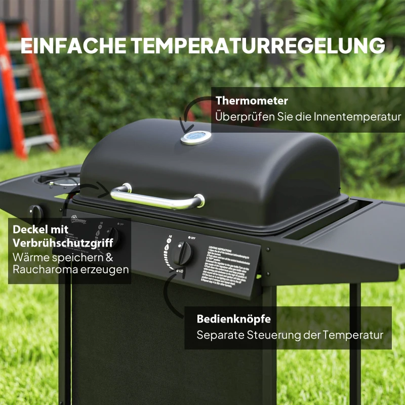 Outsunny Gasgrill 7 KW Grillwagen inkl 3 Brenner Seitenkocher Rolle Deckel 107 x 54 x 96 cm Schwarz