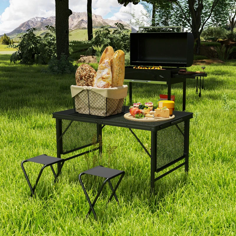 Outsunny Mesa Dobrável Campismo de Alumínio 137x62x67 cm com Laterais Abatíveis Altura Ajustável Bancada Metálica de Grade Preto