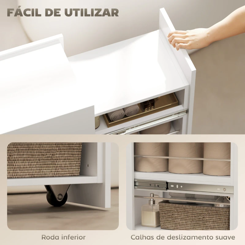 HOMCOM Armário de Casa de Banho com Gaveta Deslizante e Rodas 3 Compartimentos Móvel Auxiliar para Espaços Pequenos 47x30x66,5 cm Branco