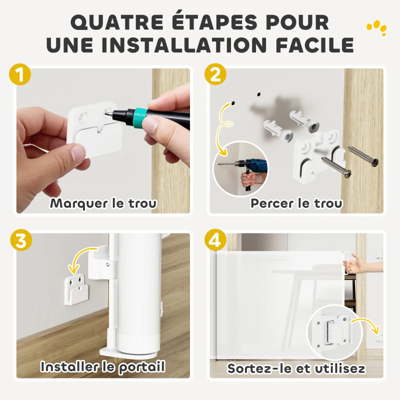 PawHut Barrière rétractable pour chien de 0 à 144 cm barrière d'escalier et de portes pour chien chat avec verrouillage blanc