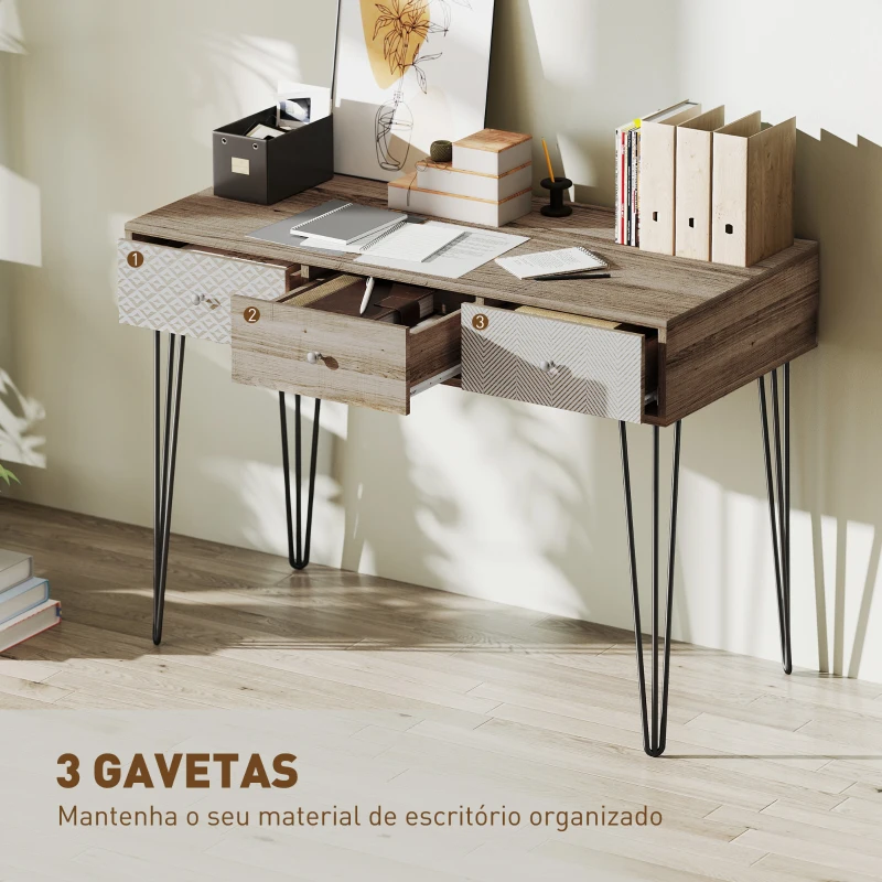 HOMCOM Secretária Estilo Boémio Mesa Secretária com 3 Gavetas e Pés de Ferro para Escritório Dormitório Tocador 105x50x75 cm Madeira