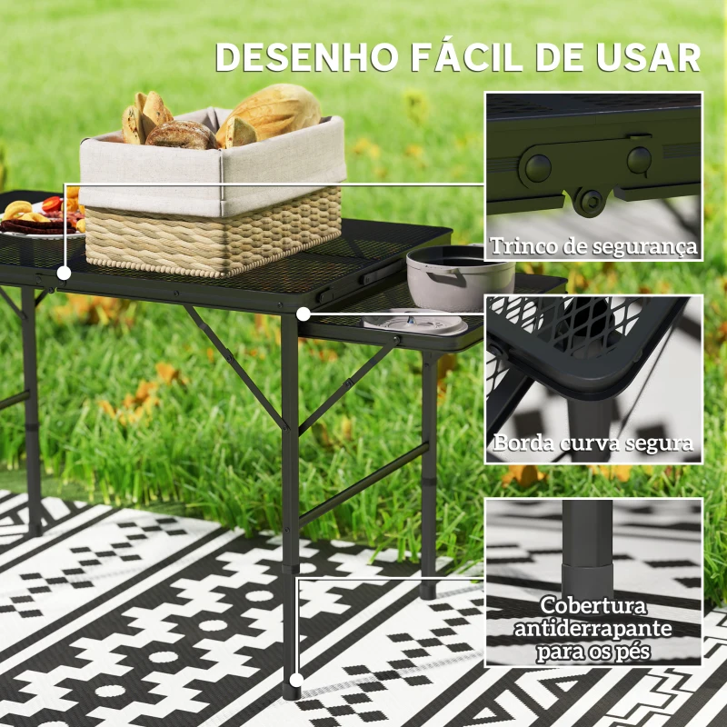 Outsunny Mesa Dobrável Campismo de Alumínio 137x62x67 cm com Laterais Abatíveis Altura Ajustável Bancada Metálica de Grade Preto