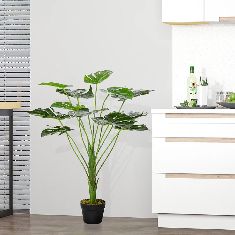 Outsunny Monstera Artificiale in Plastica con 13 Foglie, Pianta Finta con Vaso per Interno ed Esterno Alta 85cm