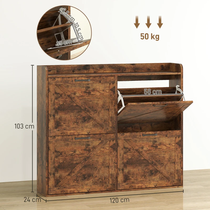HOMCOM Sapateira de 4 Portas com Prateleiras Ajustáveis Estilo Industrial para 24 Pares de Sapatos 120x24x103 cm Castanho Rústico