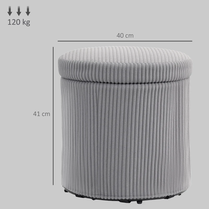 HOMCOM Puff de Arrumação Baú de Arrumação Redondo Estofado em Veludo Cotelê  Tampa Removível Ø40x41 cm Cinza Claro