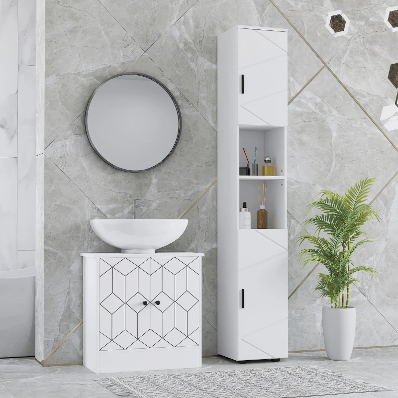 kleankin Line Embossed Tall Bathroom Storage Cabinet - White