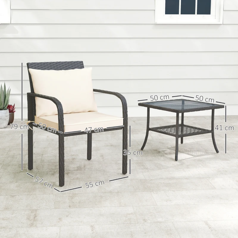 Outsunny Conjunto de Jardim de 3 Peças com 2 Cadeiras e Mesa com Prateleira e Bancada de Vidro Marrom Escuro e Creme