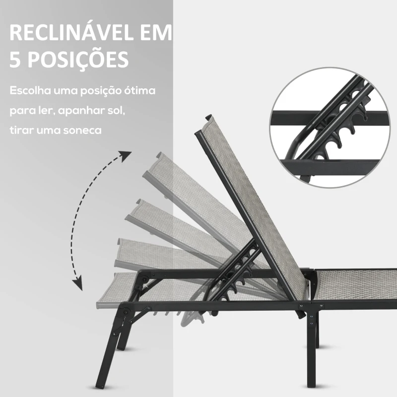 Outsunny Espreguiçadeira Dobrável para Jardim com Encosto Ajustável em 5 Níveis e Estrutura de Aço Carga 150 kg 183x62x32 cm Cinzento Claro