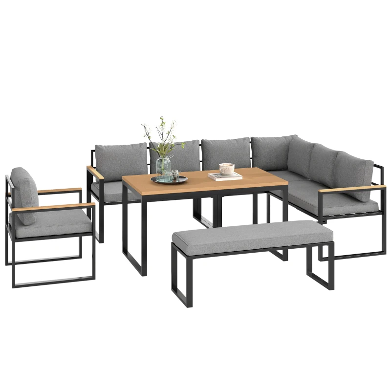 Outsunny Six Piece L Shaped Garden Furniture Set with 3 Loveseats - Natural Wood Finish