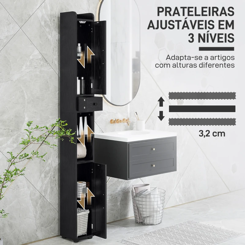 HOMCOM Coluna Casa de Banho com Compartimento Aberto Prateleiras Ajustáveis e Suporte para Papel Higiênico 20x20x185 cm Preto
