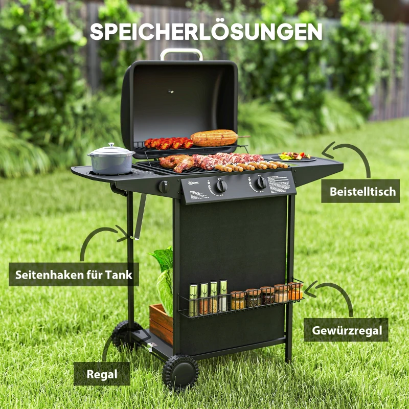 Outsunny Gasgrill 7 KW Grillwagen inkl 3 Brenner Seitenkocher Rolle Deckel 107 x 54 x 96 cm Schwarz