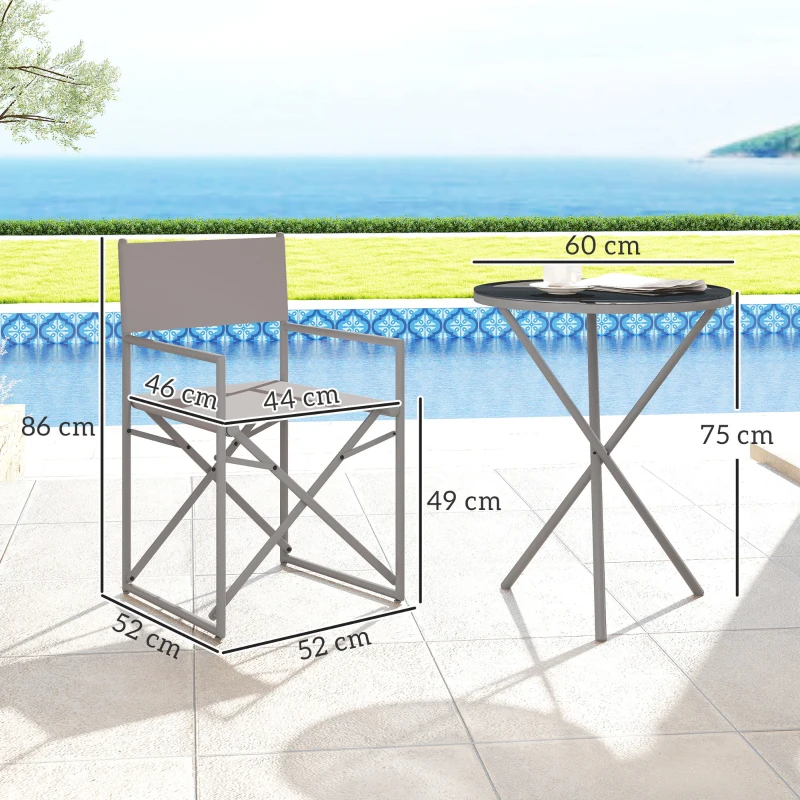 Outsunny Conjunto de Móveis de Jardim de 3 Peças com 2 Cadeiras Dobráveis Mesa com Bancada em Vidro Temperado Cinza Escuro