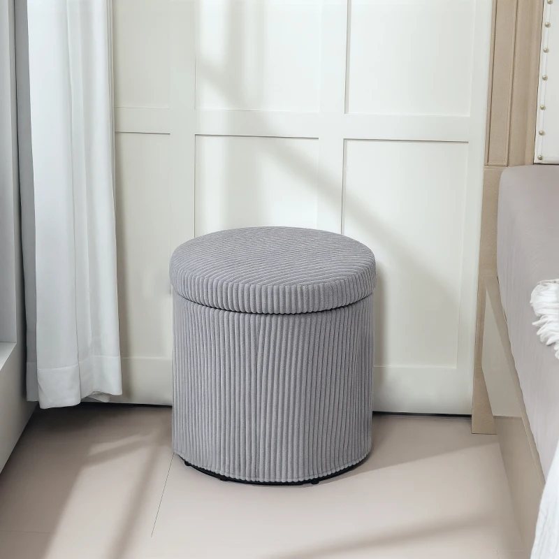 HOMCOM Puff con Almacenaje Redondo Tapizado en Pana con Estructura de Acero Estable y Acolchado Suave Ø40x41 cm Gris Claro