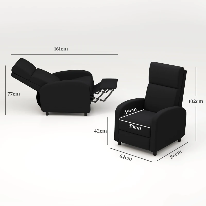 HOMCOM Poltrona Relax Reclinável até 160° Poltrona Reclinável Manual com Apoio para os Pés 64x86x102 cm Preto