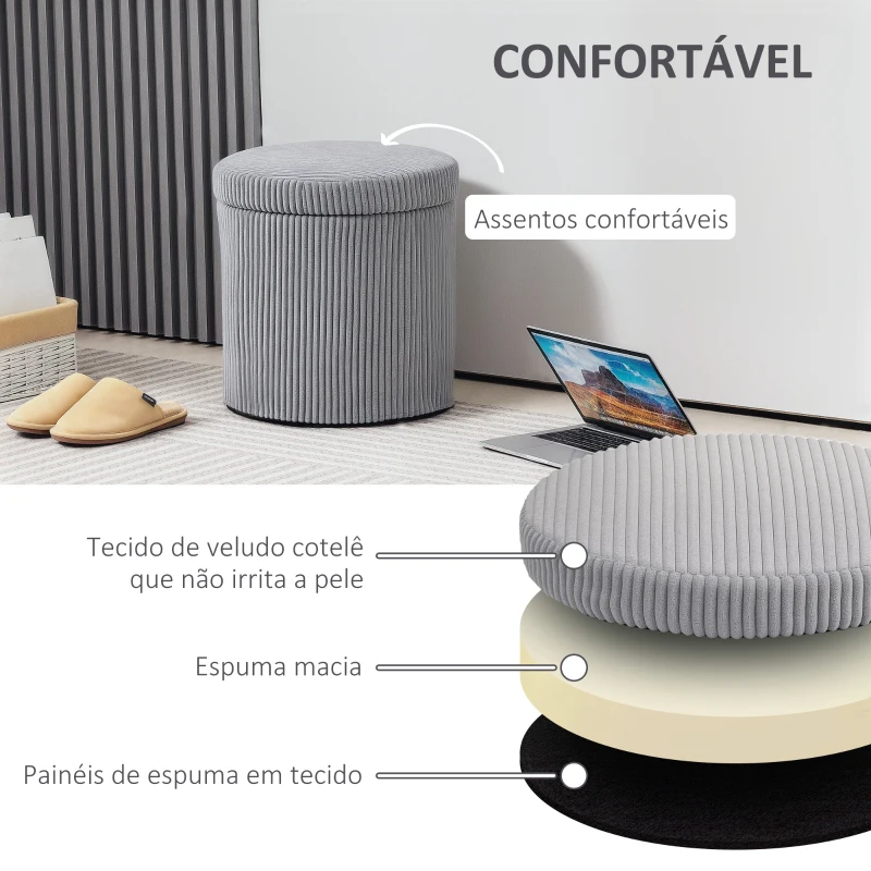 HOMCOM Puff de Arrumação Baú de Arrumação Redondo Estofado em Veludo Cotelê  Tampa Removível Ø40x41 cm Cinza Claro