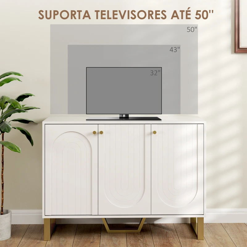 HOMCOM Aparador de 3 Portas Aparador Moderno para Sala de Estar com Prateleiras Ajustáveis Móvel para TV até 50 Polegadas 106,5x35x77,5 cm Branco