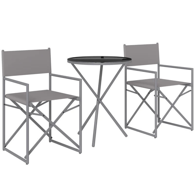 Outsunny Conjunto de Móveis de Jardim de 3 Peças com 2 Cadeiras Dobráveis Mesa com Bancada em Vidro Temperado Cinza Escuro