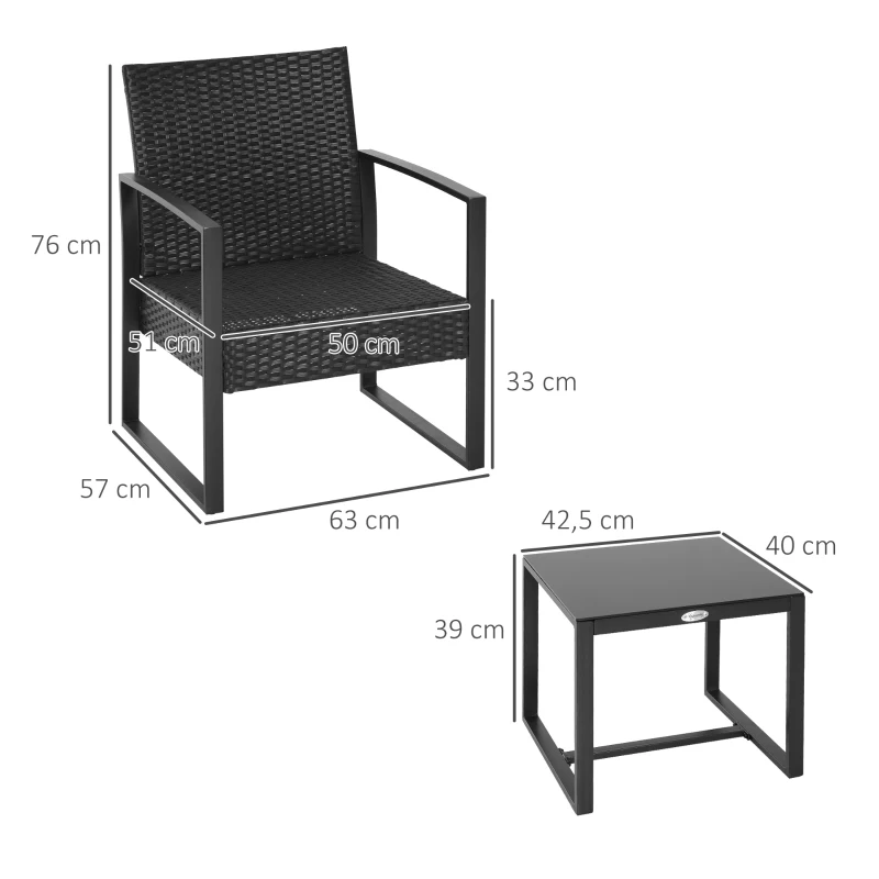 Outsunny Conjunto de Jardim de Vime 3 Peças 1 Mesa 42,5x40x39 cm 2 Poltronas 63x57x76 cm Almofada Acolchoada para Pátio Varanda Preto