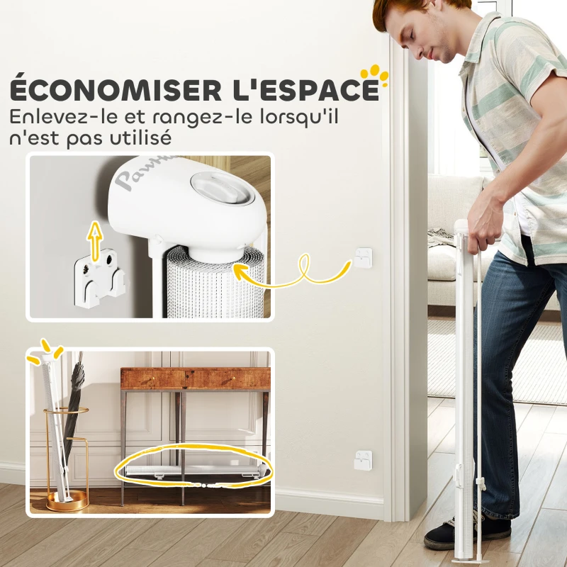 PawHut Barrière rétractable pour chien de 0 à 144 cm barrière d'escalier et de portes pour chien chat avec verrouillage blanc