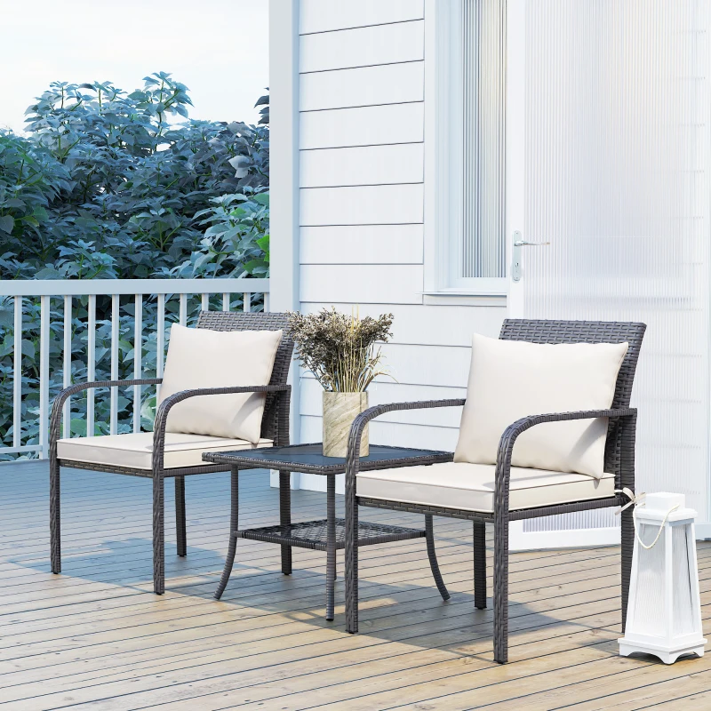 Outsunny Conjunto de Jardim de 3 Peças com 2 Cadeiras e Mesa com Prateleira e Bancada de Vidro Marrom Escuro e Creme