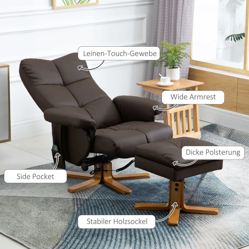 HOMCOM Relaxsessel mit Liegefunktion Massagesessel mit Fußhocker Fernsehsessel TV Sessel 145°-Neigung Liegesessel Ergonomischer Stuhl mit 10 Vibrationpunkte Kunstleder Braun 80 x 86 x 99 cm