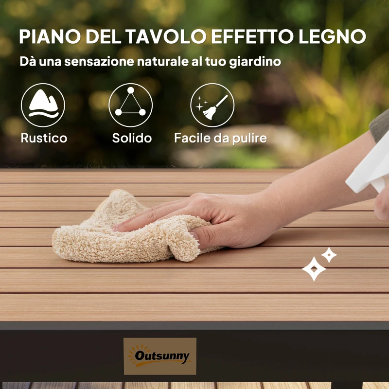 Outsunny Tavolo da Giardino per 4 Persone in Alluminio e Plastica, Nero e Color Legno