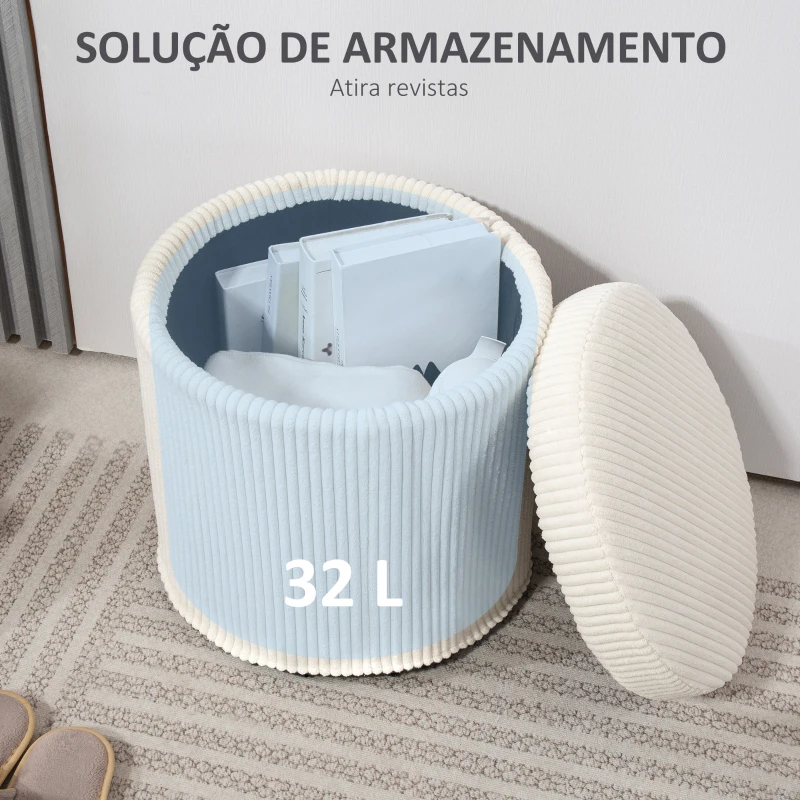 HOMCOM Puff de Arrumação Baú de Arrumação Redondo Estofado em Veludo Cotelê  Tampa Removível Ø40x41 cm Creme