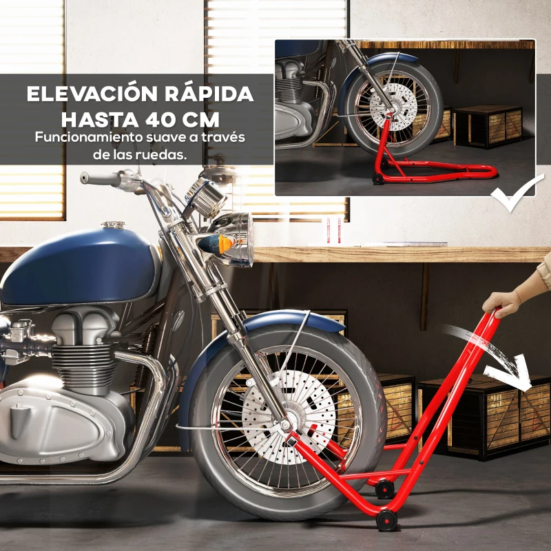HOMCOM Caballete de Moto Soporte Posterior Universal Portátil y Móvil Tipo Elevador de Acero con 2 Horquillas y Ruedas 80x50x40 cm Color Rojo