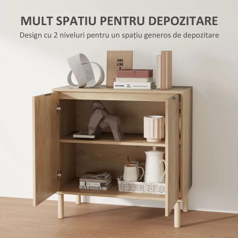 HOMCOM Aparador de Sala de Estar com Prateleira Ajustável Sistema Anti-Tombo e Pés de Madeira de Pinho 78x40x77,5 cm Carvalho
