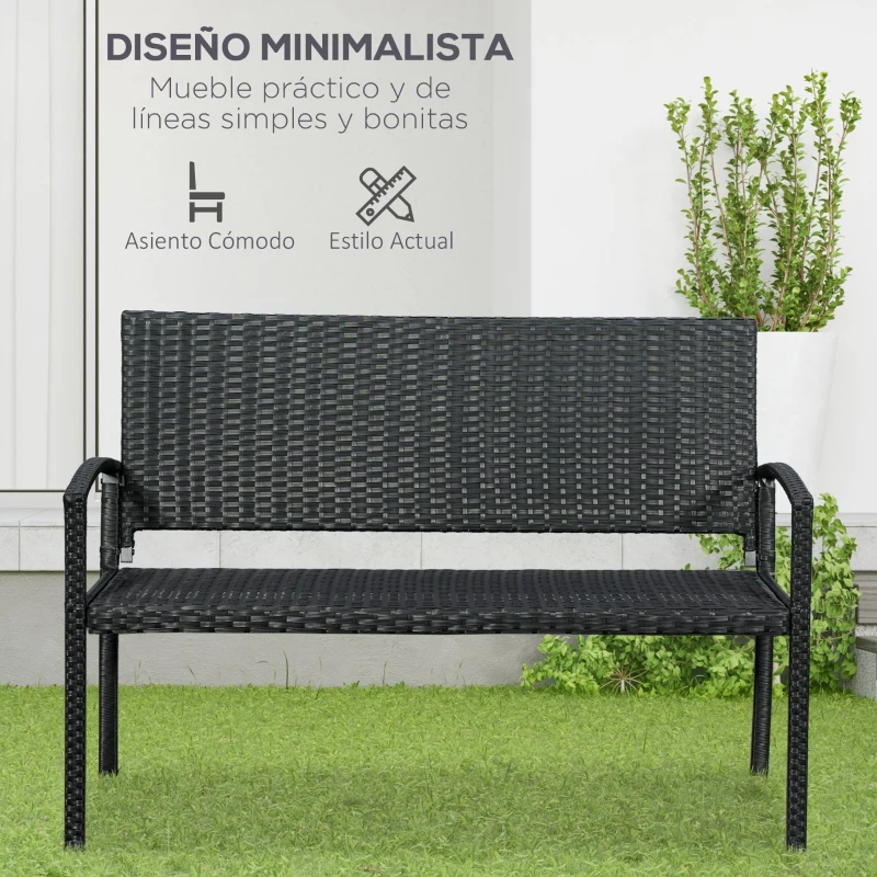 Outsunny Banco de Jardín de 2 Plazas Banco para Exterior con Respaldo y Asiento de Ratán PE Carga 240 kg 122x60x85 cm Negro