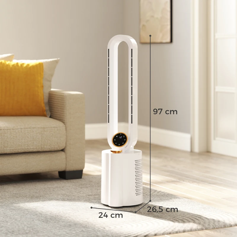 HOMCOM Ventoinha sem Hélices com Esterilização UV 12 Velocidades Purificador de Ar Humidificador Temporizador 8H Oscilação 90° 24x26,5x97 cm Branco