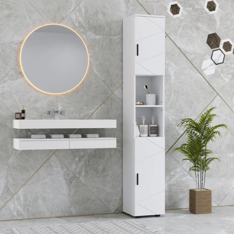 kleankin Line Embossed Tall Bathroom Storage Cabinet - White