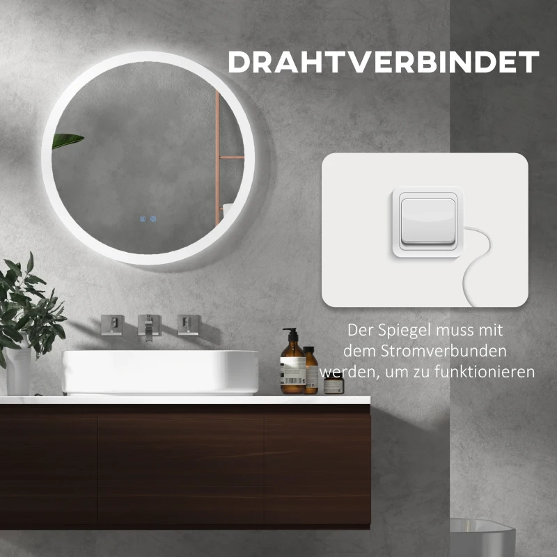 kleankin LED Badspiegel, einstellbare Helligkeit, Entnebelung, Touch, IP44, Metall/Glas, Ø60 cm, Weiß/Silber