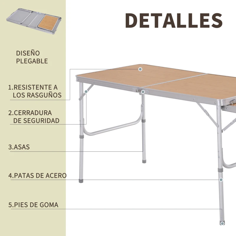 Mesa Plegable de Camping Portátil con Ala Abatible Mesa de Picnic de Estructura Ligera de Aluminio Carga 30kg Altura Ajustable 153x60x39/71 cm