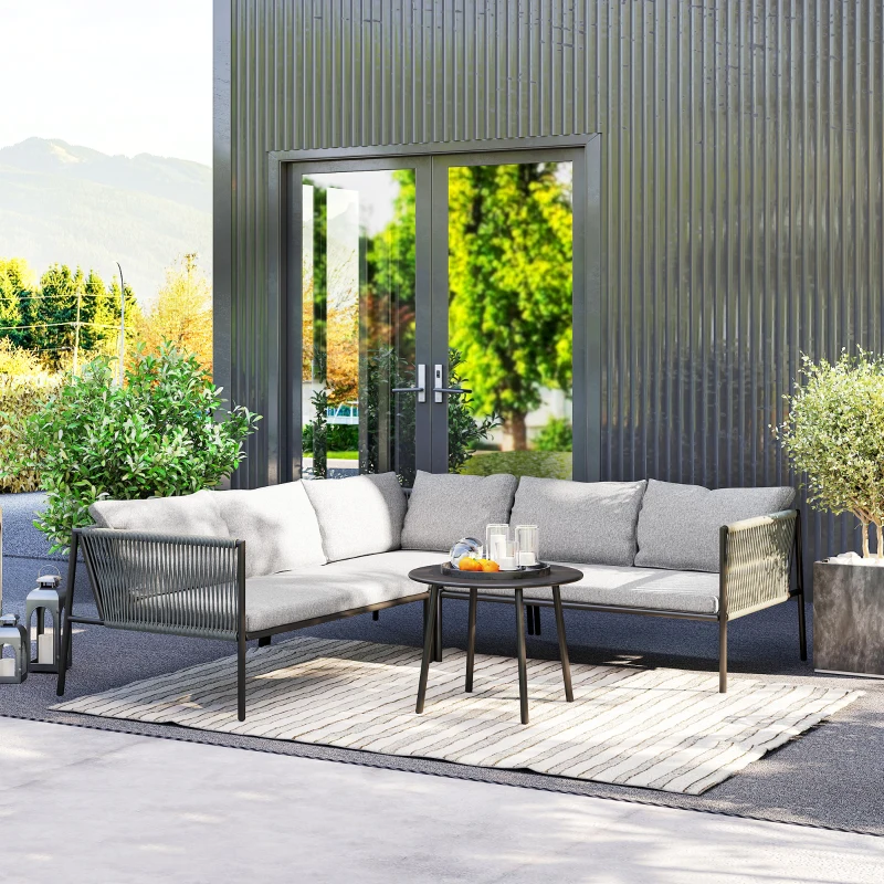 Outsunny Gartenmöbel Set Polyrattan Lounge-Set mit Ecksofa Tisch Kissen für 6 Personen Dunkelgrau(m-9)