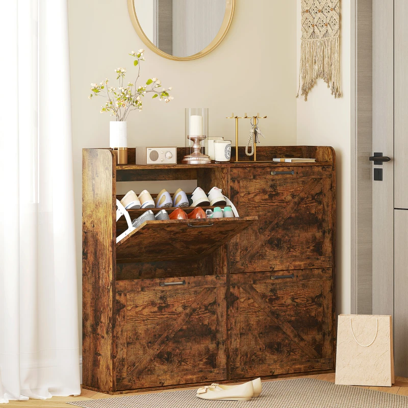 HOMCOM Sapateira de 4 Portas com Prateleiras Ajustáveis Estilo Industrial para 24 Pares de Sapatos 120x24x103 cm Castanho Rústico