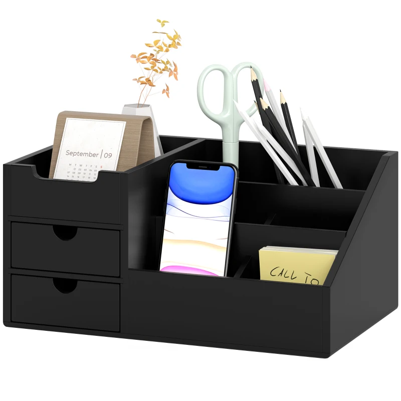 HOMCOM Organizador para Secretária de Bambu Organizador de Mesa de Escritório Multifuncional 33x20,5x15,5 cm Preto