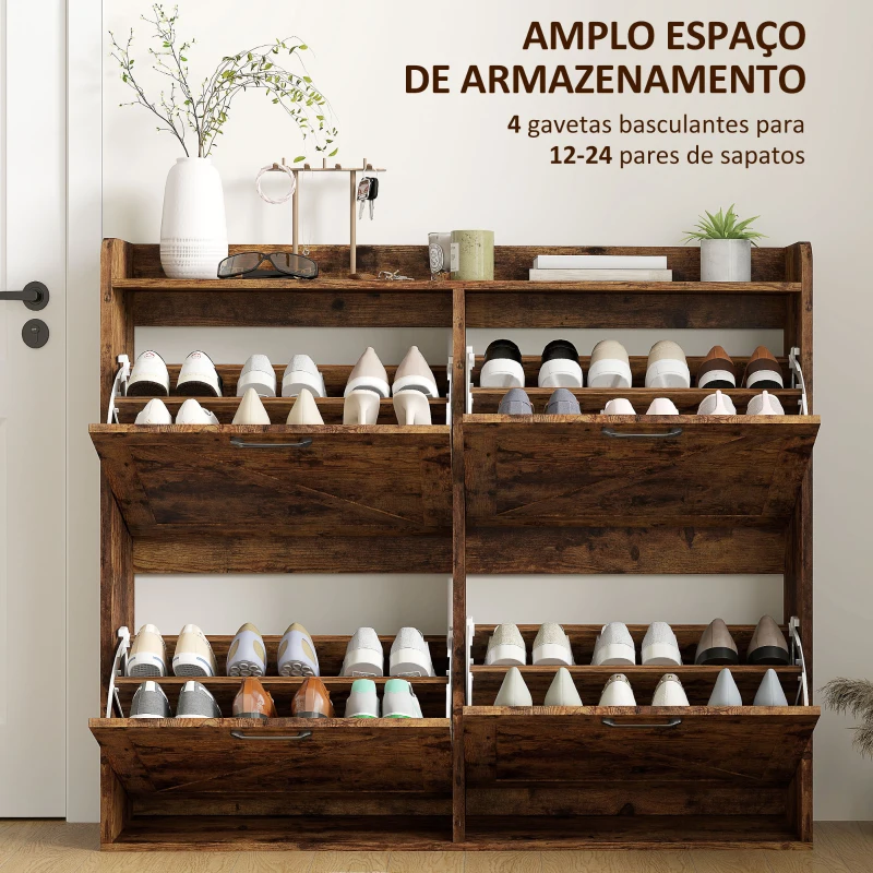 HOMCOM Sapateira de 4 Portas com Prateleiras Ajustáveis Estilo Industrial para 24 Pares de Sapatos 120x24x103 cm Castanho Rústico
