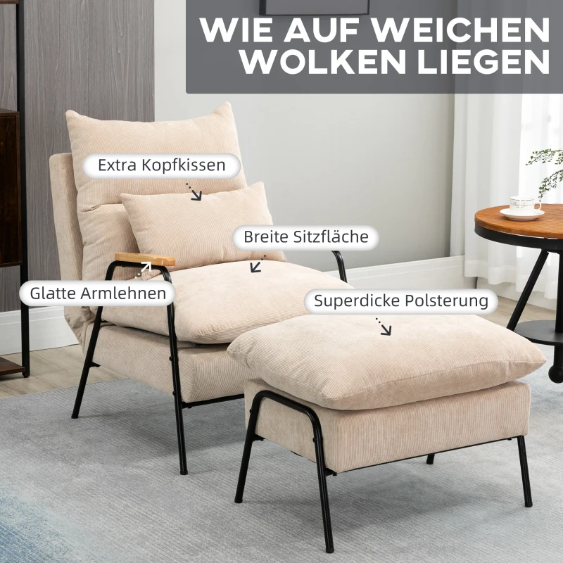 HOMCOM Polsterstoel met Voetenbank, Relaxstoel met Ligfunctie, Polsterstoel, Kussen, TV Stoel, 68 x 91,5 x 88 cm, Beige(m-6)