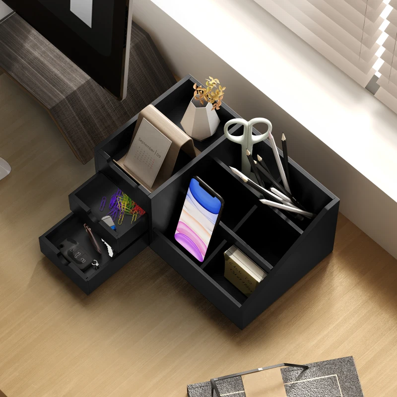 HOMCOM Organizador para Secretária de Bambu Organizador de Mesa de Escritório Multifuncional 33x20,5x15,5 cm Preto