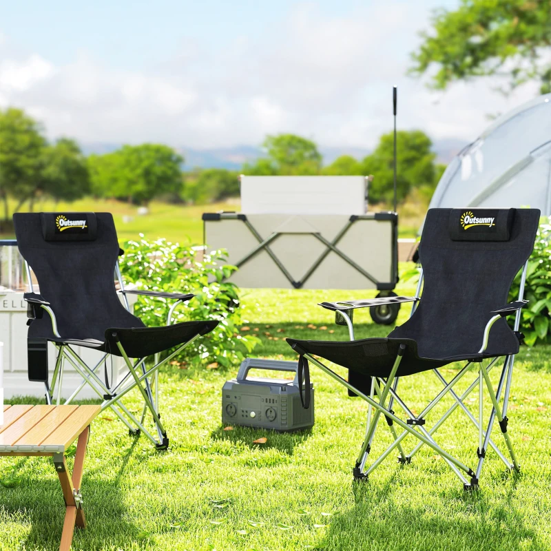 Outsunny Conjunto de 2 Cadeiras Dobráveis Campismo com Apoio para a Cabeça Porta-Copos e Bolsa Lateral 50-100x82x88 cm Preto