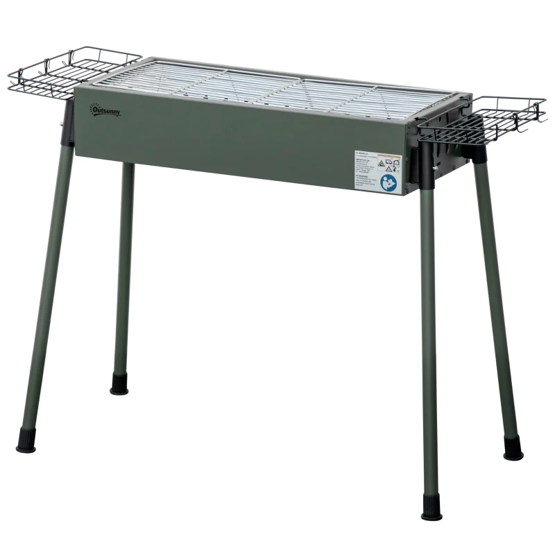 Outsunny Barbecue a Carvão com 2 Grelhas de Aço Inoxidável Portátil com 2 Prateleiras para Temperos com Ganchos 77x30x70 cm Verde