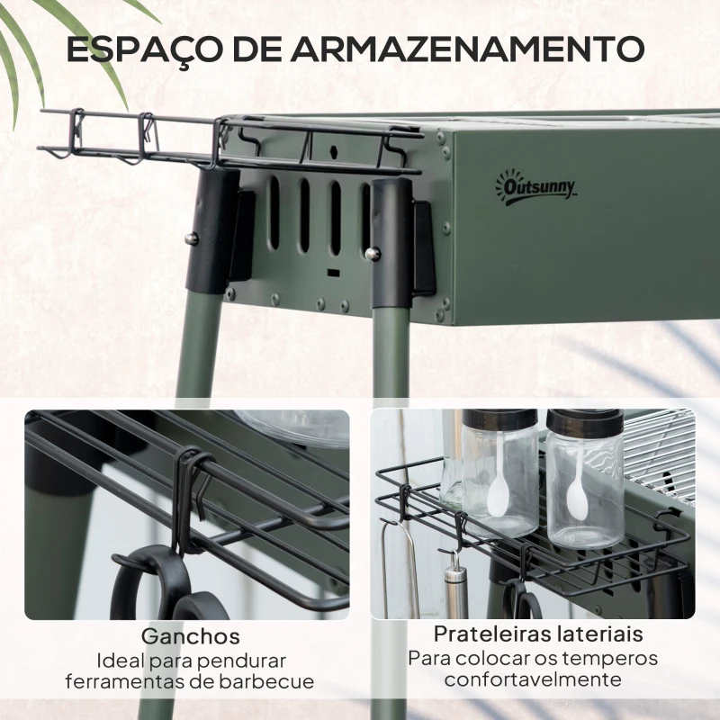 Outsunny Barbecue a Carvão com 2 Grelhas de Aço Inoxidável Portátil com 2 Prateleiras para Temperos com Ganchos 77x30x70 cm Verde