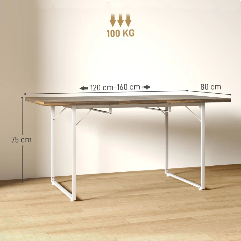 HOMCOM Mesa de Refeição Extensível Retangular para 4-6 Pessoas com Pés Metálicos 120-160x80x75 cm Madeira e Branco