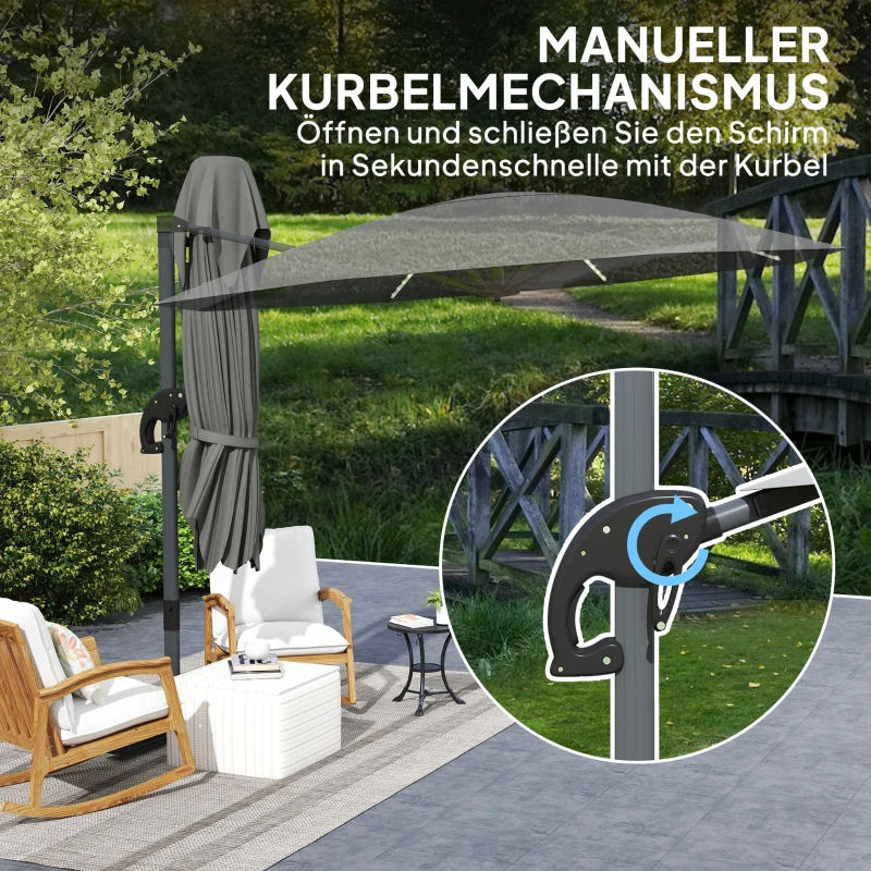 Outsunny Aluminiowy Parasol Ogrodowy LED Solar Ø300 cm Regulowana Wysokość z Korbką UV50+ Ciemnoszary
