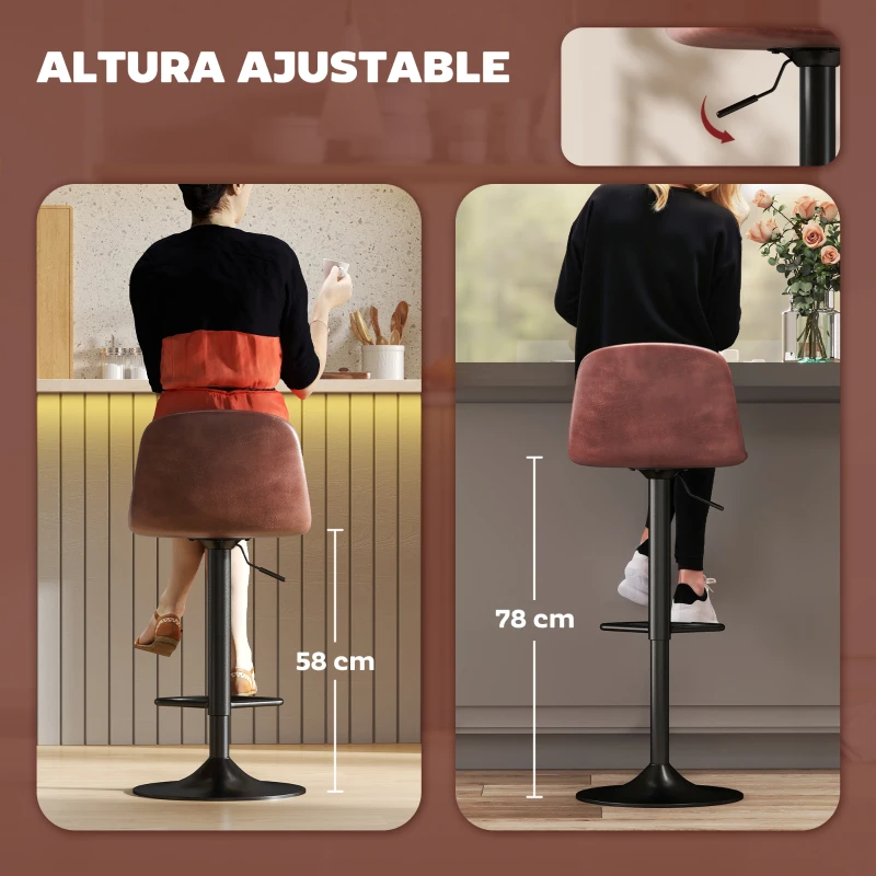 HOMCOM Conjunto 2 Taburetes Altos Ajustables 360° con Respaldo y Reposapiés para Cocina Bar o Comedor 40,5x44x84-104 cm Marrón