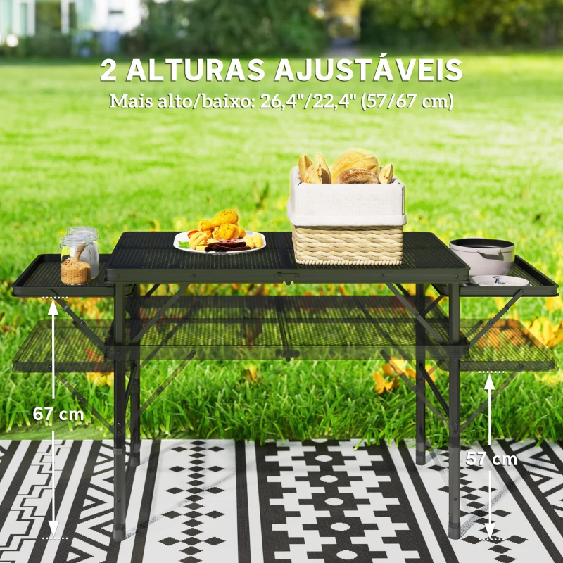 Outsunny Mesa Dobrável Campismo de Alumínio 137x62x67 cm com Laterais Abatíveis Altura Ajustável Bancada Metálica de Grade Preto