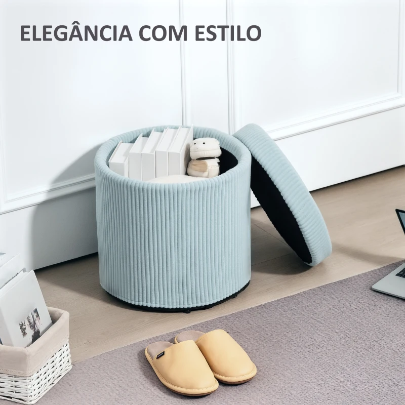HOMCOM Puff de Arrumação Baú de Arrumação Redondo Estofado em Veludo Cotelê  Tampa Removível Ø40x41 cm Azul Claro