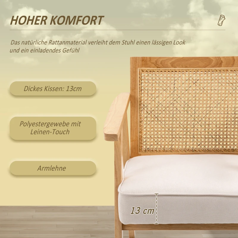 HOMCOM Exotische gestoffeerde stoel, Rubberhout, Zitkussen in Linnen-Look, 63L x 69B x 78H cm, Cremewit(m-5)