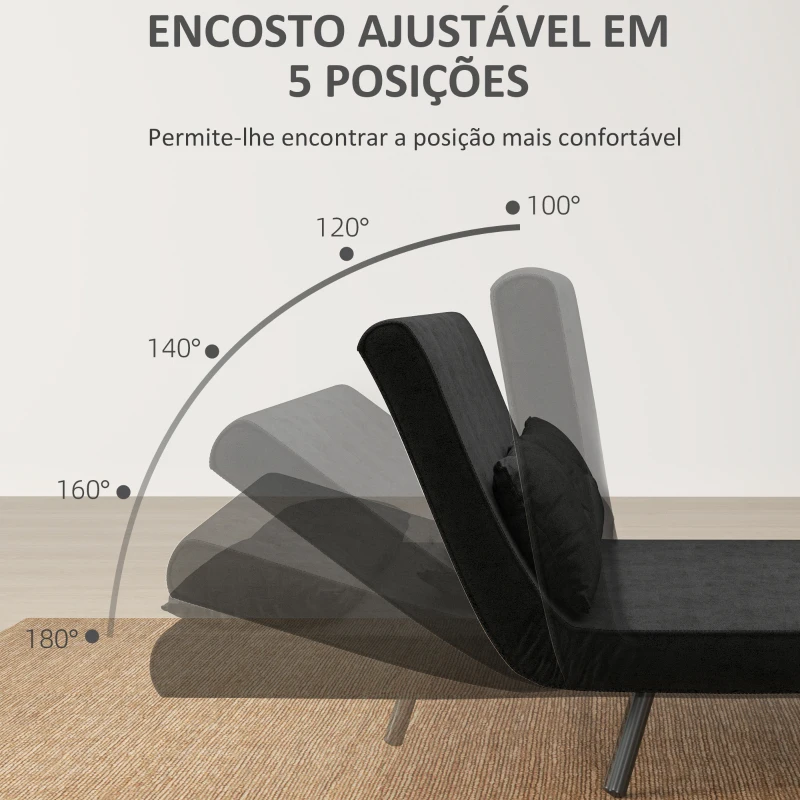 HOMCOM Sofá Cama Sofá Convertível em Cama de 2 Lugares Dobrável com Encosto Ajustável em 5 Níveis e 2 Almofadas 102x73x81 cm Preto